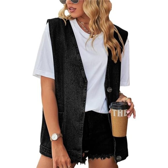 New Women's Cropped Distressed Denim Vest - Ripped Sleeveless Jean Jacket with - Picture 7 of 7
